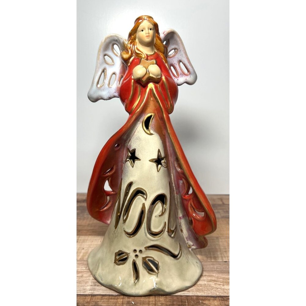 Ceramic Angel Tealight Holder With Cutouts & "Noel" Script